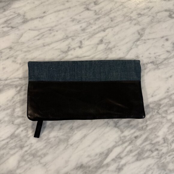 CLARE V Denim and Black Leather Foldover Clutch